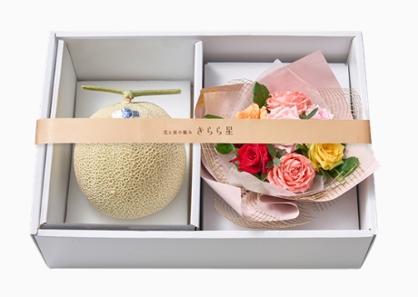 結婚祝いのお返し・内祝いにおしゃれなお菓子・旬のフルーツ_花と実の極み きらら星　静岡県産アールスメロン＆薔薇アレンジメント カラフル