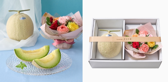 結婚祝いのお返し・内祝いにおしゃれなお菓子・旬のフルーツ_ホシフルーツ_花と実の極み きらら星　静岡県産アールスメロン＆薔薇アレンジメント カラフル