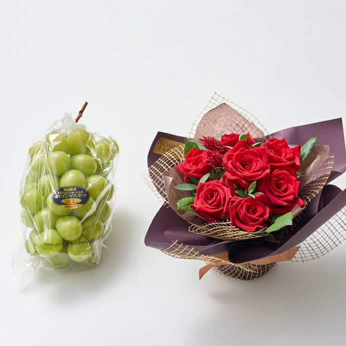 ホシフルーツ_シャインマスカットと薔薇のギフトセット_花と実の極み きらら星　岡山県産シャインマスカット晴王＆そのまま飾れる薔薇アレンジメントルージュ