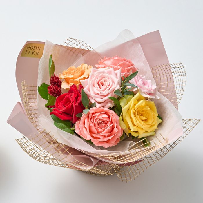 ホシフルーツ_メロンと薔薇のギフトセット_花と実の極み きらら星　静岡県産アールスメロン＆そのまま飾れる薔薇アレンジメントカラフル