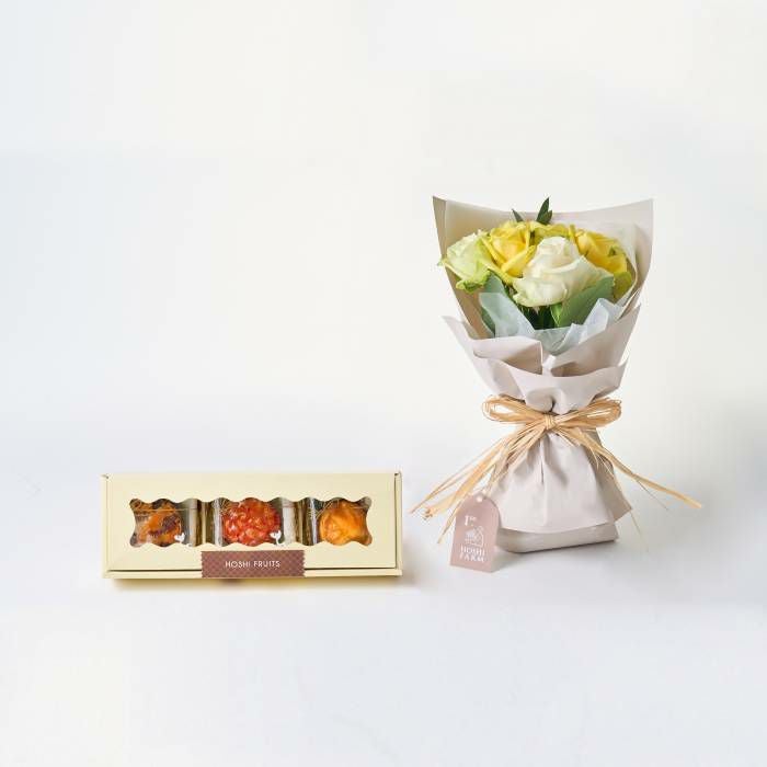 ホシファーム　フリルブーケ　ホワイトイエローグリーン８本＆ホシフルーツ　煌めき果実のカップケーキ３個